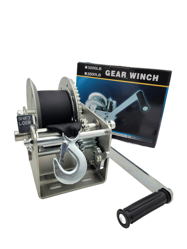 Hydrastar Marine Boat Trailer Winch HD - 3500lbs Capacity - 3" Grey Strap - 2-Way - 2 Speed - Shift Lock