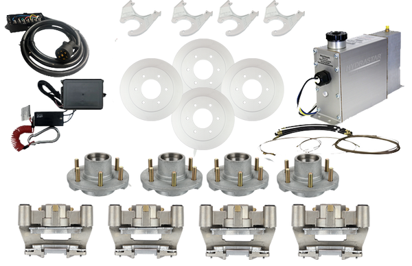 Hydrastar 6K Axles, 6 Lug Idler Hub, Slip Over, SS Calipers Tandem Axle Trailer Disc Brake Kit-Complete (1/2")