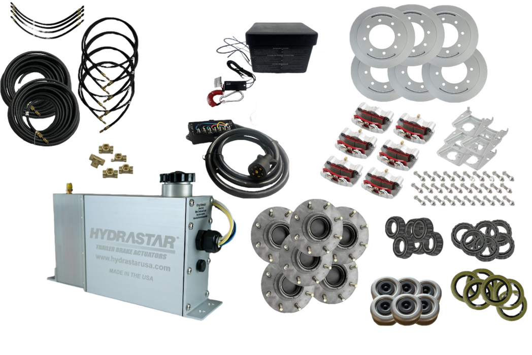 Hydrastar Marine® 7K Axles, 8 Lug Slip Over Rotor, TRIPLE Axle, Complete Trailer Disc Brake Conversion Kit - Grease Lube Applications - Hydrastar