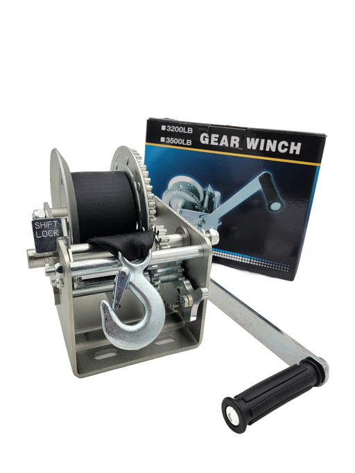 Marine Boat Trailer Winch HD - 3500lbs Capacity - 3" Grey Strap - 2 Speed - Shift Lock - Hydrastar