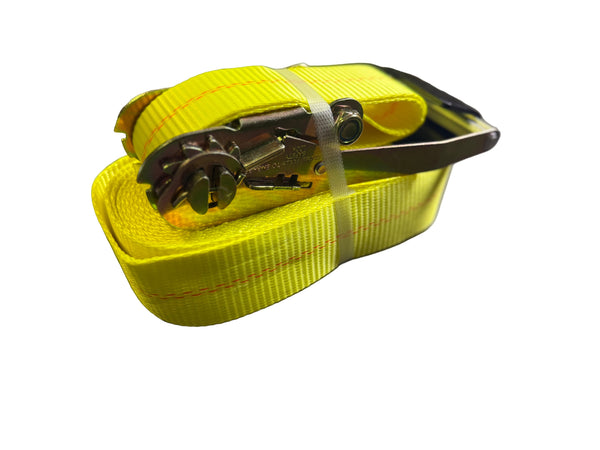 Hydrastar Heavy Duty 2"x30' Ratchet Strap, Yellow Strap, With Flat Hook