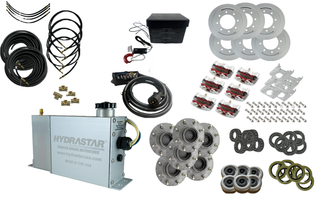 Hydrastar Marine® 7K Axles, 8 Lug Slip Over Rotor, TRIPLE Axle, Complete Trailer Disc Brake Kit - Grease Lube Applications