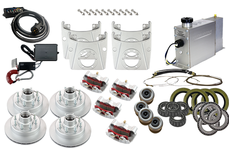 Hydrastar 7K Tandem Axle Complete Disc Brake Kit — full kit contents including calipers, rotors, hubs, EOH actuator, bearings, seals, brake lines, and hardware
